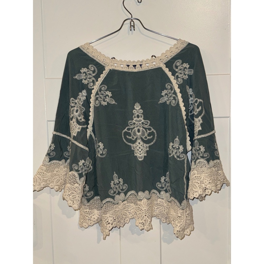 Democracy Womens Boho Lace Embroidered Bell Sleeve Blouse Teal Sage Green M - Picture 2 of 11